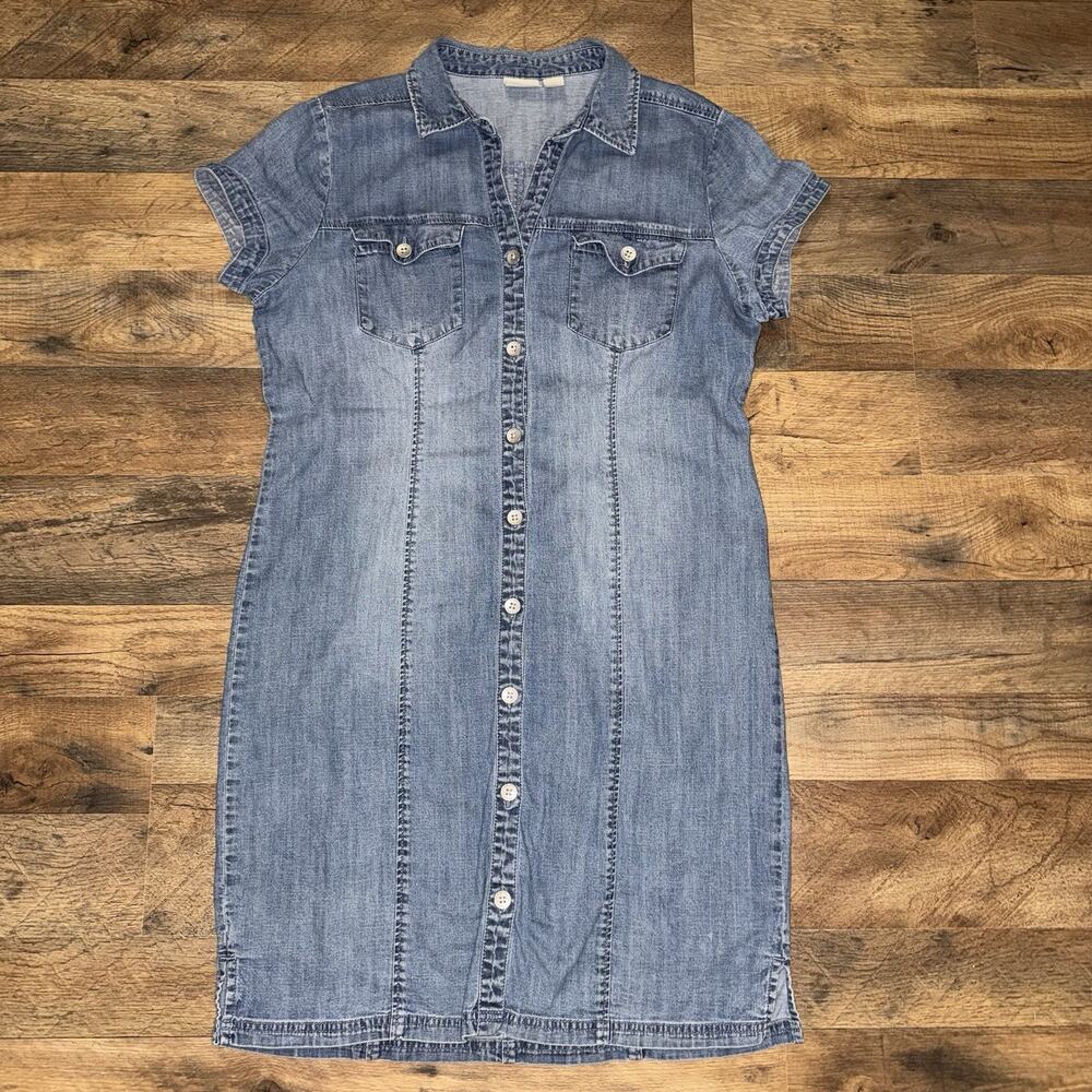 Chicos Denim Shirt Dress Womens Size 2 Blue Button Front Short Sleeve Casual